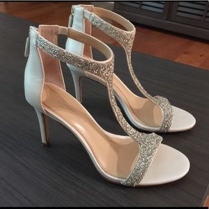 Vince Camuto white and silver t-strap heels